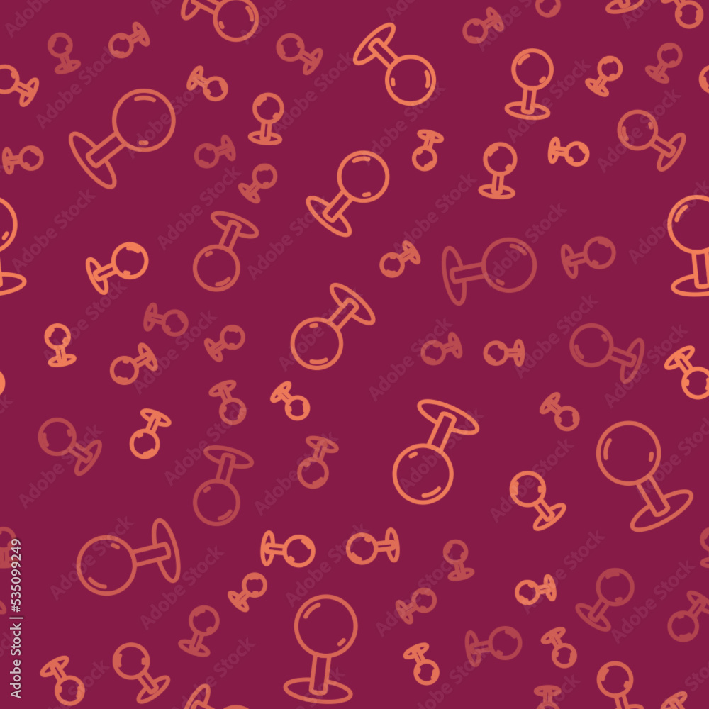 Poster brown line push pin icon isolated seamless pattern on red background. thumbtacks sign. vector