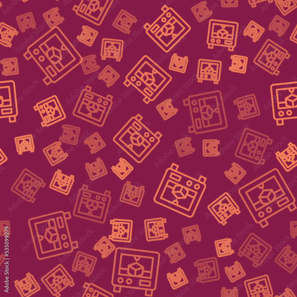 Aufkleber brown line 3d printer icon isolated seamless pattern on red background. 3d printing. vector