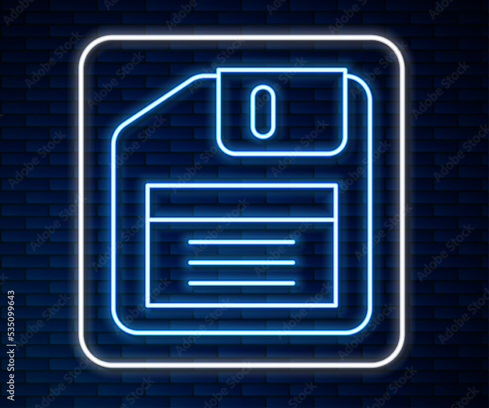 Poster glowing neon line floppy disk for computer data storage icon isolated on brick wall background. disk