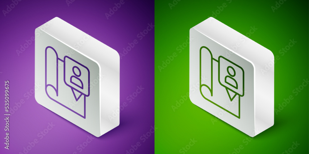 Poster isometric line folded map with location marker icon isolated on purple and green background. silver 