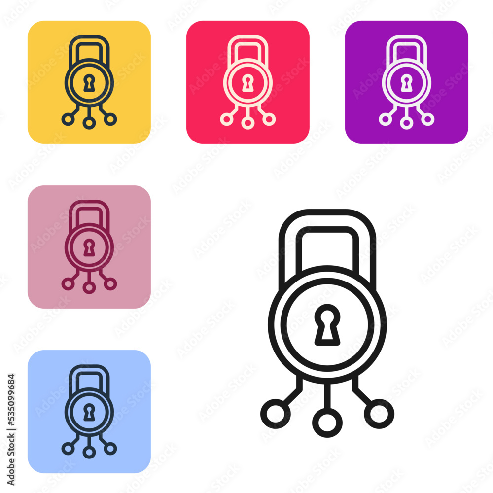 Poster black line cyber security icon isolated on white background. closed padlock on digital circuit board