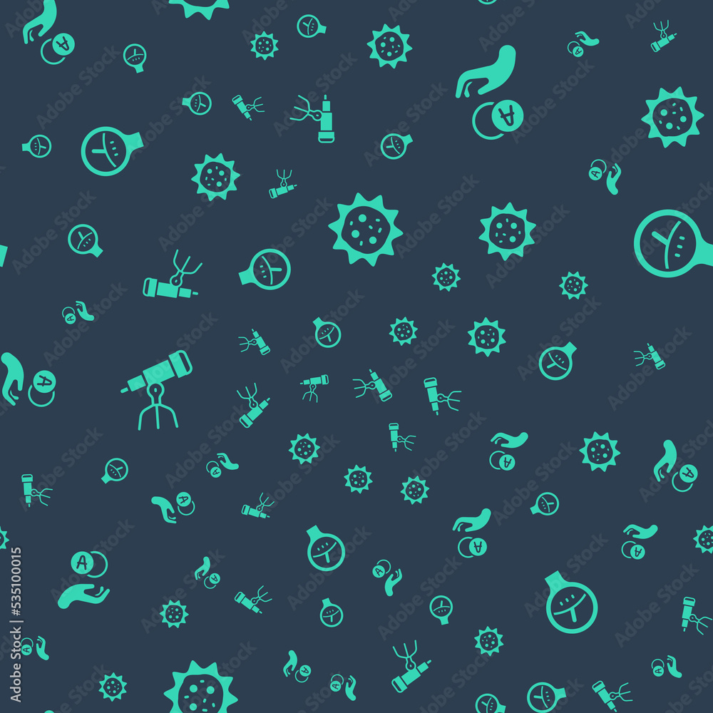Poster set virus, atom, telescope and gauge scale on seamless pattern. vector