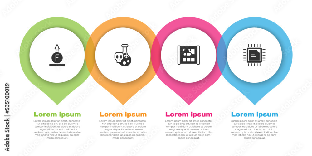 Poster set force of physic formula, test tube with toxic liquid, graphing paper engineering and processor c
