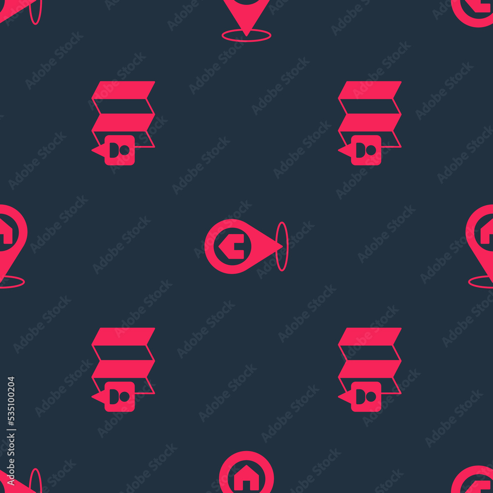 Poster set folded map with location marker and location house on seamless pattern. vector