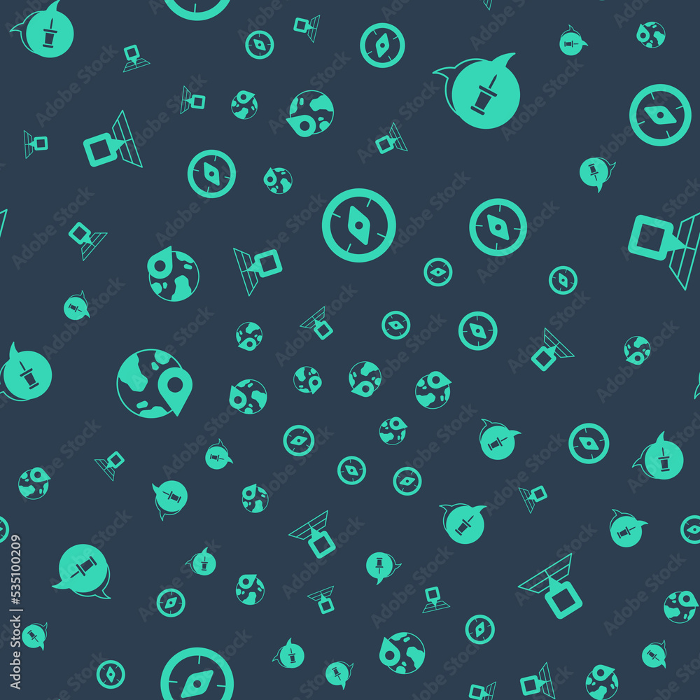 Poster Set Compass, Push pin, Location on the globe and Folded map with location marker on seamless pattern. Vector