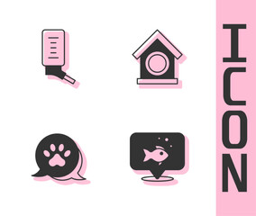 Set Fish, Drinker for small pets, Paw print and Dog house icon. Vector