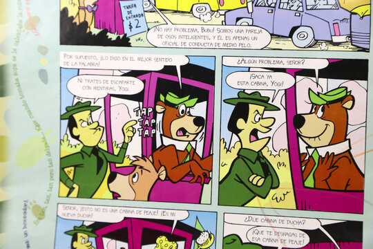 Children's comic magazine about Yogi Bear and his friend Bubu who live in the Jellystone forest. Hanna Barbera characters. Animated tv show. Bears that steal food from tourists. Cartoon.