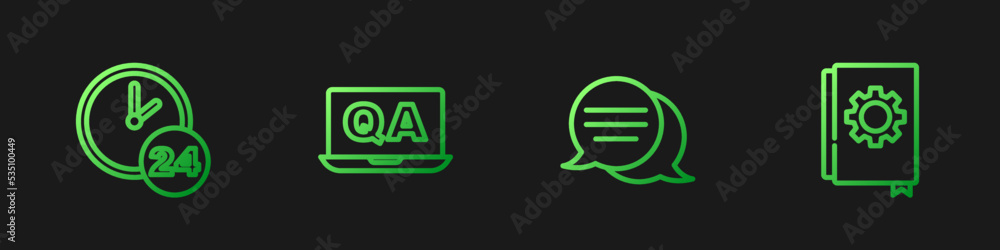 Poster set line speech bubble chat, clock 24 hours, question and answer and user manual. gradient color ico