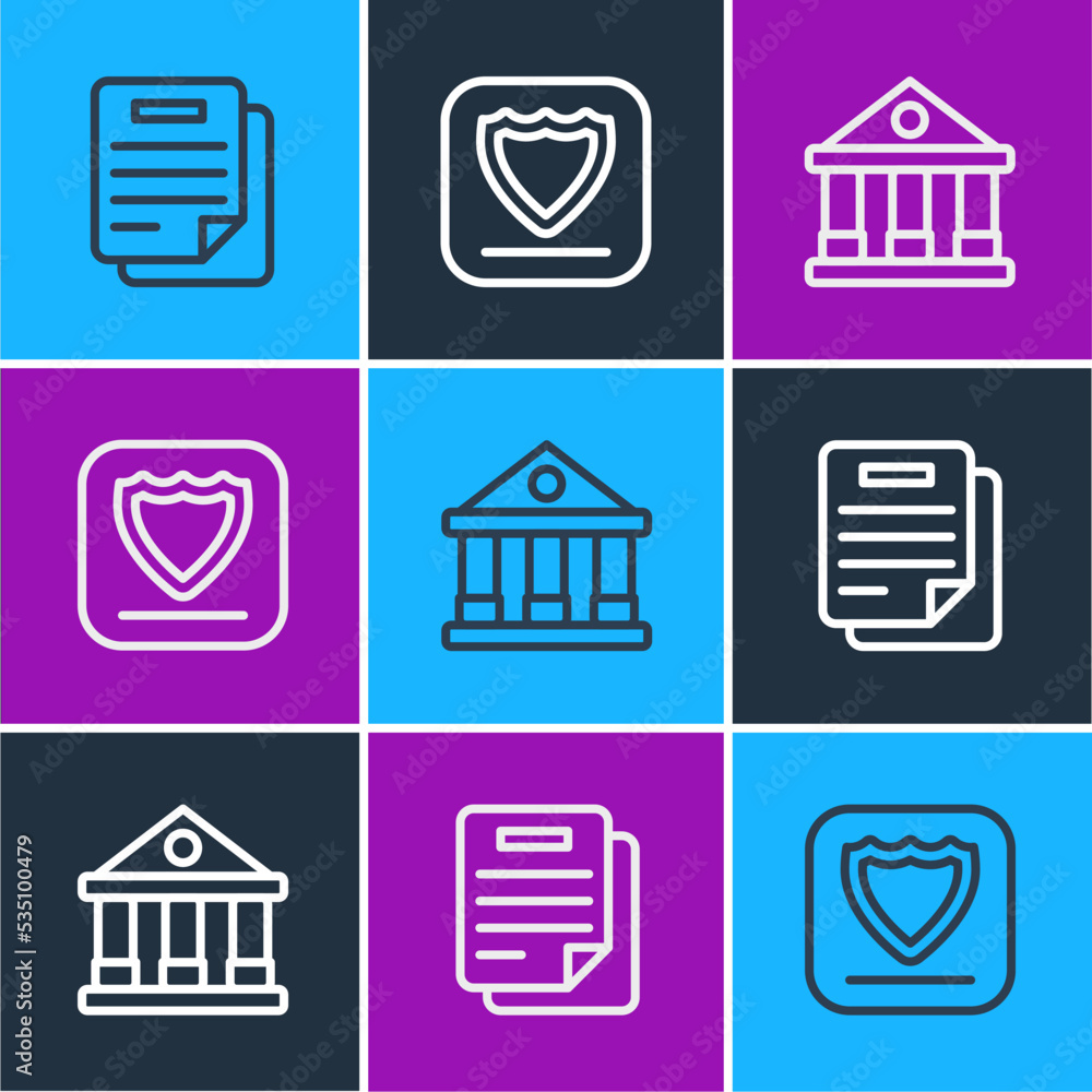 Poster set line document, courthouse building and shield icon. vector