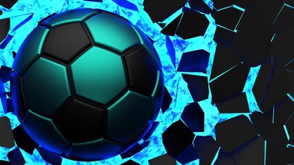 Black-green soccer ball breaking with great force through black-blue illuminated wall under spot light background. 3D high quality rendering. 3D illustration. 3D CG.