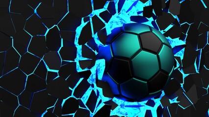 Black-green soccer ball breaking with great force through black-blue illuminated wall under spot light background. 3D high quality rendering. 3D illustration. 3D CG.