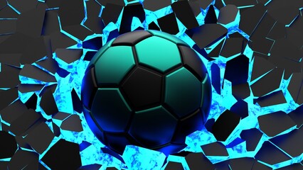 Black-green soccer ball breaking with great force through black-blue illuminated wall under spot light background. 3D high quality rendering. 3D illustration. 3D CG.