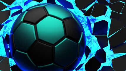 Black-green soccer ball breaking with great force through black-blue illuminated wall under spot light background. 3D high quality rendering. 3D illustration. 3D CG.