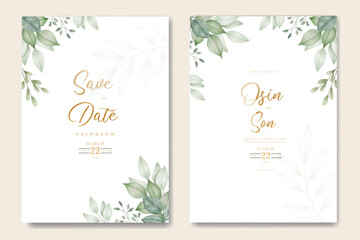 Green Leaves Watercolor Wedding Invitation Card Template  ,