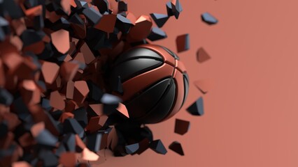 Black-blown basketball breaking with great force through blown wall under spot light background. 3D high quality rendering. 