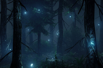 Fototapeta na wymiar 3D rendering of dark forest with glowing blue particles