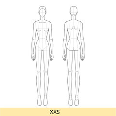 XXS size Women Fashion template 9 nine head size Croquis Lady with main lines model skinny body figure front, back view. Vector isolated sketch outline girl for Fashion Design, technical drawing