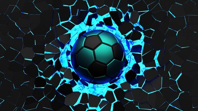 Black-green soccer ball breaking with great force through black-blue illuminated wall under spot light background. 3D high quality rendering. 3D illustration. 3D CG.