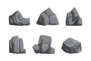 Set of grey stones. Rock, cobblestones of different shapes. Mountain landscape elements vector illustration