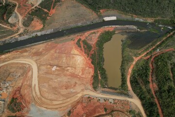 Pedreira, Sao Paulo, Brazil. October 01 2022: Aerial view of the construction of the dam in the city of Pedreira in the interior of São Paulo.