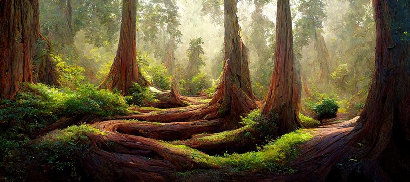 Enchanted forest, surreal dreamscape of majestic ancient oak trees towering high over the mystical woodland landscape and otherworldly clouds. Lush green summer fairytale fantasy art illustration.