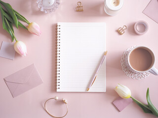 ピンクの背景にノートとチューリップを並べた可愛いデスクイメージ