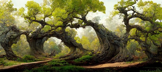 Enchanted forest, surreal dreamscape of majestic ancient oak trees towering high over the mystical woodland landscape and otherworldly clouds. Lush green summer fairytale fantasy art illustration.