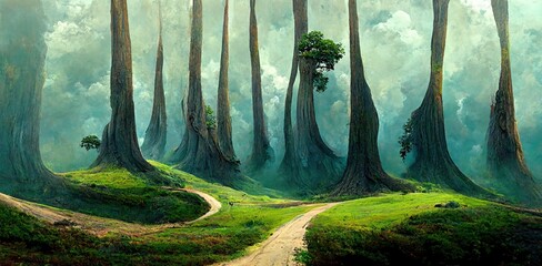 Enchanted forest, surreal dreamscape of majestic ancient oak trees towering high over the mystical woodland landscape and otherworldly clouds. Lush green summer fairytale fantasy art illustration.