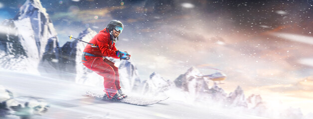Motion of the skiing downhill in the mountains. Professional skiing in action. Sport emotion. Heli skiing. Sportsman in a red ski suit. Flying helicopter