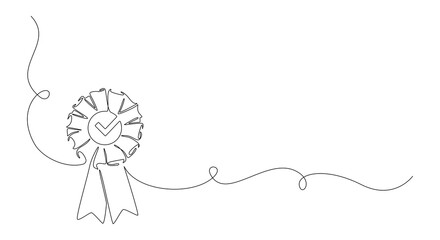 Rosette Stamp award badge with tick in one continuous line drawing. Premium quality product and high warranty concept or logo in simple linear style. Editable Stroke. Doodle vector illustration