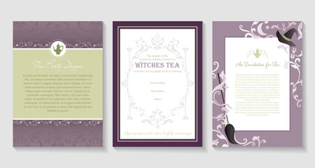 A set of elegant witches tea party themed invitations in purples, greens, and white.
