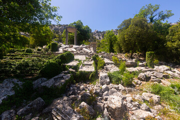 Ancient temple of Hadrian, abandoned city Termessos in mountains. Archaeological sites of Turkey