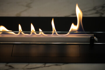 Burning eco bio fireplace close-up