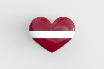 Latvian souvenir - a heart-shaped badge with the flag of Latvia as a symbol of patriotism and pride in one's country. State symbol of Latvia on a glossy badge. 3D rendering