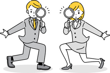 虫眼鏡を持つビジネスパーソンのイラスト