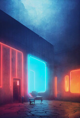 Futuristic interior, light in the window, neon lights, cyberpunk