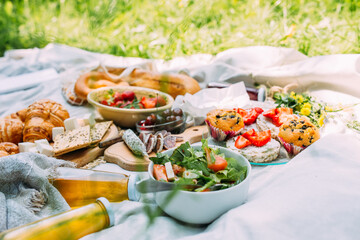Picnic in the field with berries, juice, cheese, sausage and sweet croissants