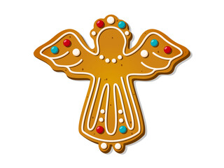 Christmas gingerbread cookies in shape of angel with wing. Winter homemade xmas sweet biscuit with icing decoration. Cute cartoon Vector illustration