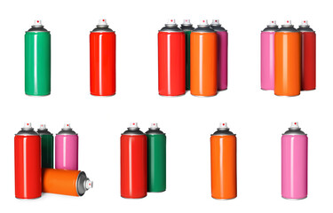 Set with colorful cans of spray paints on white background