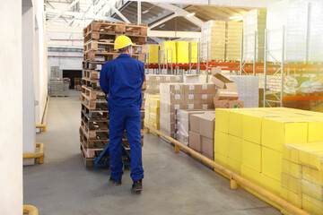 Fototapeta premium Worker moving wooden pallets with manual forklift in warehouse, back view