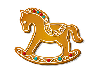 Christmas gingerbread cookies in shape of rocking horse. Winter homemade xmas sweet biscuit with icing decoration. Cute cartoon Vector illustration