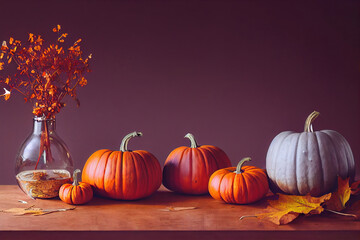 Naklejka na ściany i meble Beautiful autumn decoration, pumpkins, falling leaves, warm colors, autumn fall decoration wallpaper, 3d render