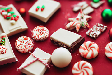Obraz premium Holiday christmas homemade sweets and candies, chocolates and candy bars, 3d render