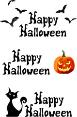 Happy Halloween signs with jack-o-lantern, bats, and a black cat on a white background. Vector illustration