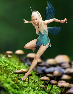 A cute fantasy fairy flying above a patch of mushrooms. 3d rendering