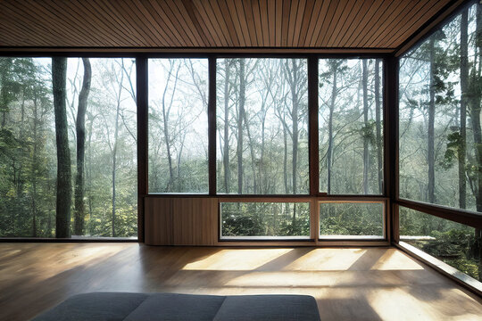 Beautiful modern house interior, big windows, forest scene, 3d render, 3d illustration
