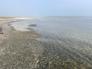 Vladivostok, Akhlestysheva Bay on Russkiy Island near the city beach in autumn in the fog