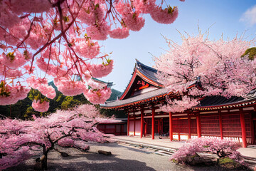 Beautiful japan temple in blossoming sakura garden, pink cherry trees, nature background wallpaper - obrazy, fototapety, plakaty
