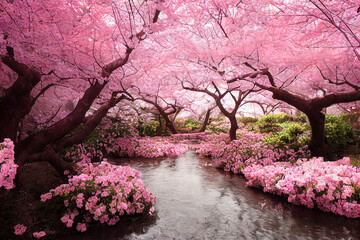 Beautiful cherry blossom sakura garden, spring nature background wallpaper - obrazy, fototapety, plakaty