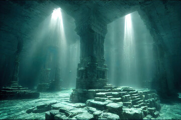 ancient underwater city, ocean scene, atlantis , fantasy background wallpaper - obrazy, fototapety, plakaty